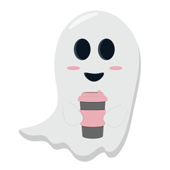 Cute cartoon ghost with a cup of coffee