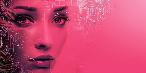Woman's face made of pink digital data