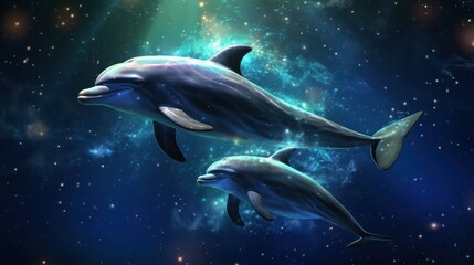 Obraz na płótnie Canvas Two dolphins swimming in space. The background is filled with stars, and the dolphins are the main focus of the image.