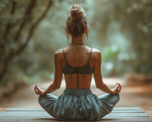 A woman practices yoga in a serene natural setting, meditating peacefully.