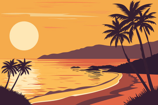 Beautiful orange sunset on a paradise tropical beach. Amazing beach landscape in warm summer colors with mountains, sea waves, tropical plants and silhouettes of palm trees. Summer rest.