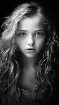 A black and white photo of a young girl with long curly hair.