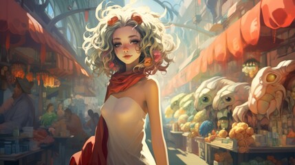 A woman with curly blond hair and rosy cheeks stands in the market. She is wearing a white dress and a red scarf. The scenery also includes several people and two large turtles.