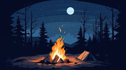 Nighttime warmth: Isolated bonfire with burning wood and flame against , capturing the cozy ambiance and natural beauty of an outdoor fire.