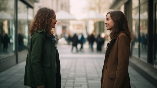 A girl meeting by chance her look-alike or herself from another dimension, the doppelganger, looking at someone watching yourself, surprising stunning encounter, twin sisters or clones, unknown twins
