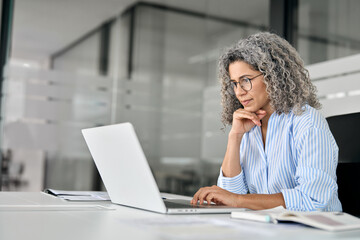 Busy mature business woman working in office using laptop. Middle aged old professional lady...