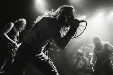 A charismatic musician captivates the crowd with his powerful vocals and energetic stage presence at a lively rock concert