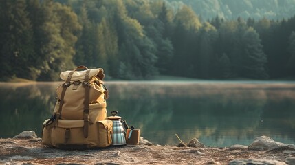 Serene Lakeside Camping Scene with Backpack and Kettle - obrazy, fototapety, plakaty