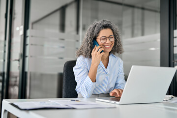 Happy smiling middle aged business woman bank manager, senior professional lady talking on phone...