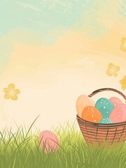 Easter card. Basket with decorated eggs with copy space