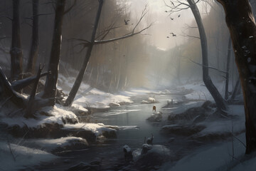 A snow-covered forest scene with a frozen river, where icicles hang from tree branches and woodland creatures leave delicate footprints.