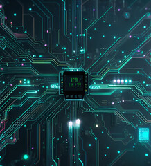 Electronic circuit board. Computer chip. Futuristic background with lights. Technology Backdrop. Flyer, card design. Innovative template. Banner for presentation or product. Futurism theme