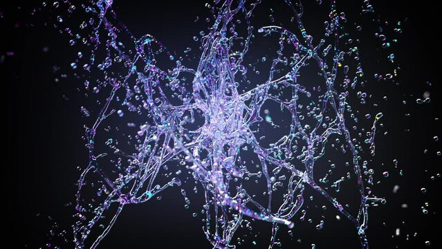 Liquid with glitter particles drops colliding with splash on black background. Slow motion. Magic splash visualization. VFX effects.