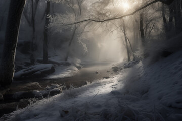 A snow-covered forest scene with a frozen river, where icicles hang from tree branches and woodland...
