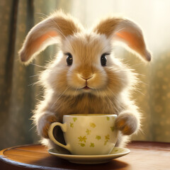 illustration of A Cute Rabbit Drink Tea from English cup on home background. A cheerful cute Bunny drinking coffee from mug, Postcard for the New Year holidays.