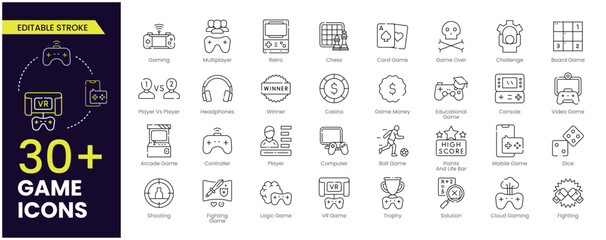 Game Editable Stroke icon set. Gaming icon elements containing points and life bars, VR Games, Cloud Gaming, console, player, chess, multiplayer, casino and mobile game icons. Stroke icon collection. - obrazy, fototapety, plakaty
