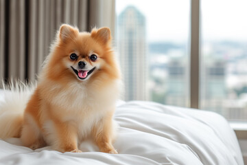 Adorable Pomeranian dog sitting on a white bed with a blurred city skyline in the background.
