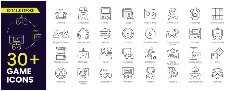 Game Editable Stroke icon set. Gaming icon elements containing points and life bars, VR Games, Cloud Gaming, console, player, chess, multiplayer, casino and mobile game icons. Stroke icon collection.