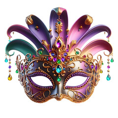 mardi gras Carnival elegant golden party face mask with pink and green diamond 3d illustration front view isolated on transparent background