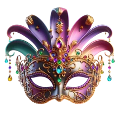 Poster mardi gras Carnival elegant golden party face mask with pink and green diamond 3d illustration front view isolated on transparent background © Abuhena