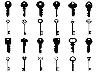 Antique key silhouettes. Medieval and modern keys, black vintage shapes set. Open door symbols, privacy and escape. Abstract tidy vector elements