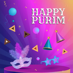 Happy Purim, Jewish holiday Masquerade Carnival masks with feathers, sparkles, golden serpentine, 3d objects on purple background Vector illustration.