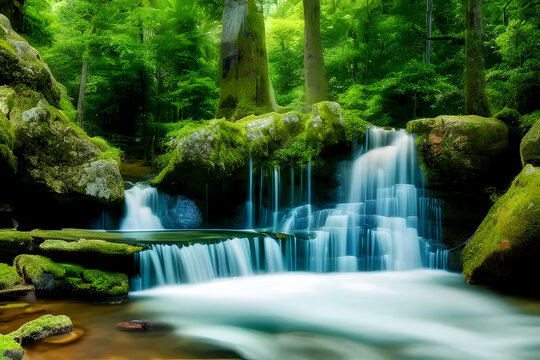 Waterfall and stream in the forest and jungle with mountain, garden in the park, summer © ABDULLAH