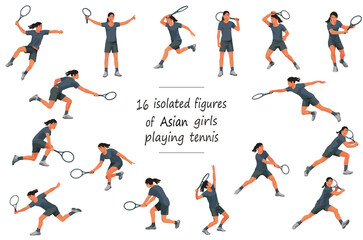 Fototapeta na wymiar 16 figures of Asian girls paying women's tennis in black T-shirts throwing, receiving, hitting the ball, standing, jumping and running