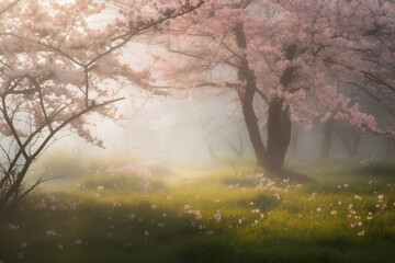 An everlasting spring scene where flowers bloom perpetually, and a gentle breeze carries the scent of blossoms through the air