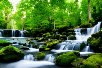 Fototapeta na wymiar Waterfall and stream in the forest and jungle with mountain, garden in the park, summer