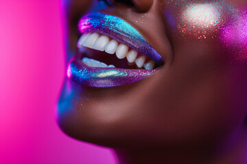 Cosmic Smile: Glittering Makeup on Smiling Lips and Chin