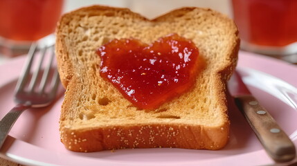 Fototapeta na wymiar Golden-yellow toast on a white plate with heart-shaped red fruit jam is a cute way to express your love. Worried that the person you love will be hungry in the morning, breakfast is prepared for them.