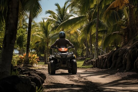 safari in tropics. Quad bike in the jungle. ai generated