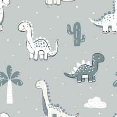 Seamless pattern with cute dinosaur in pastel colors.