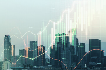Abstract virtual financial graph hologram on Los Angeles skyline background, forex and investment...