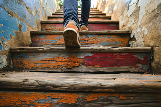 a person's feet walking up a set of wooden stairs