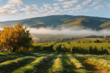rural field and orchard in autumn at sunrise. mountainous countryside with fog in distant wally