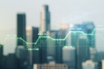 Abstract virtual analytics data spreadsheet on blurry skyscrapers background, analytics and analysis concept. Multiexposure