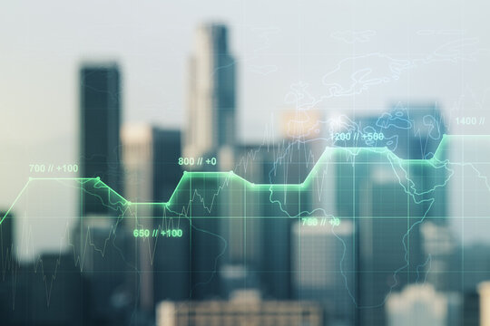 Abstract virtual analytics data spreadsheet on blurry skyscrapers background, analytics and analysis concept. Multiexposure