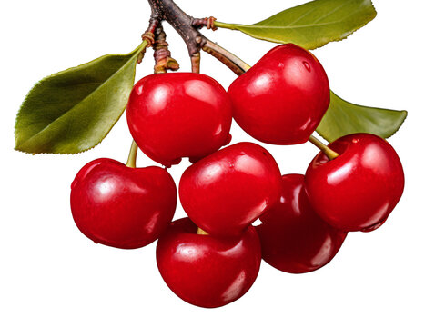 a group of red cherries with green leaves