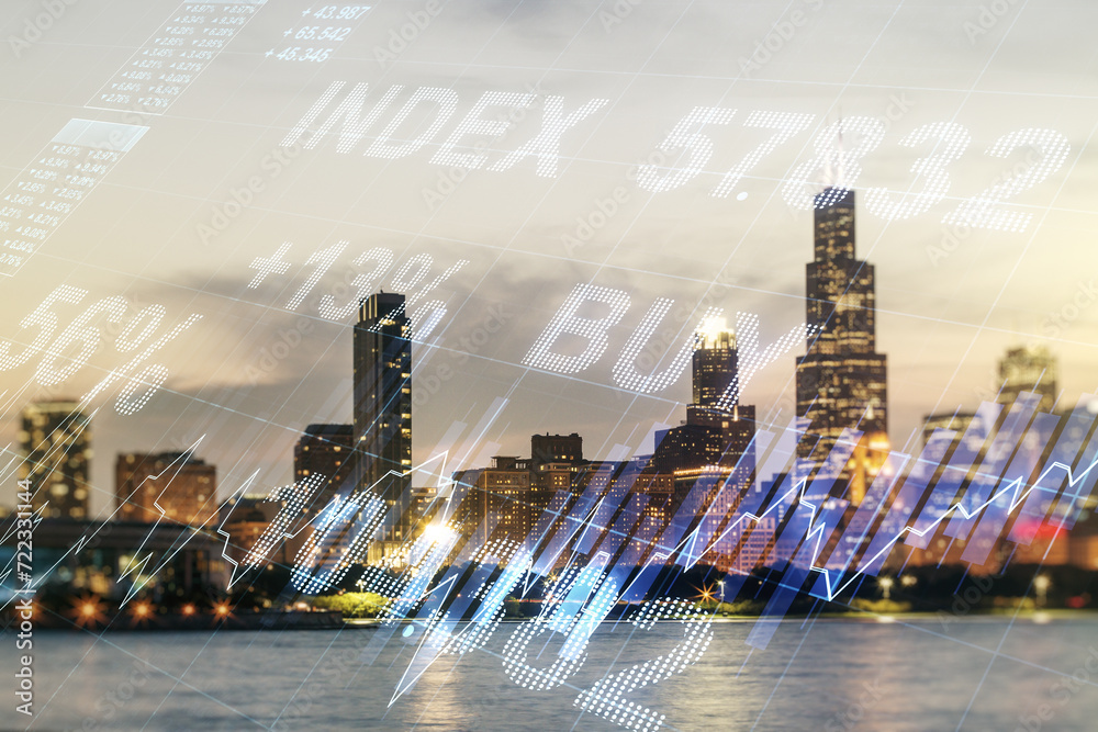 Poster multi exposure of virtual abstract financial graph interface on chicago cityscape background, financ