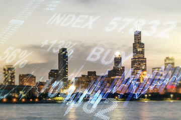 Multi exposure of virtual abstract financial graph interface on Chicago cityscape background,...