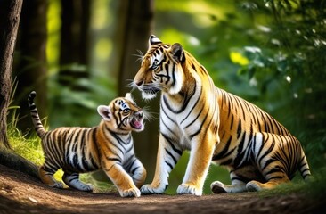 Fototapeta premium photograph of a tigress playing with her cubs in a clearing in the forest, multiple exposure from different angles Nikon D200 with 10mm lens, backlit, textured details, sharp edges