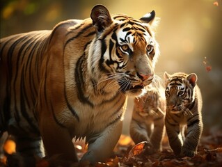 Obraz premium photograph of a tigress playing with her cubs in a clearing in the forest, multiple exposure from different angles Nikon D200 with 10mm lens, backlit, textured details, sharp edges