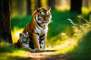photograph of a tigress playing with her cubs in a clearing in the forest, multiple exposure from different angles Nikon D200 with 10mm lens, backlit, textured details, sharp edges - obrazy, fototapety, plakaty