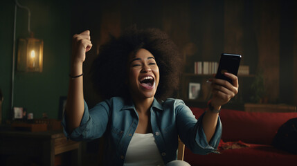 Excited african american woman using mobile phone and celebrating success at home - obrazy, fototapety, plakaty