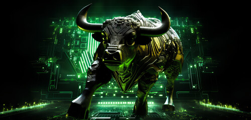 Golden bull sculpture in green neon lights, symbol financial market trends, crypto currency market