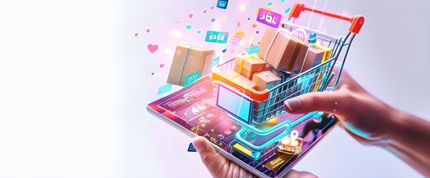 Online shoppers buy products online with infographics, future technology, holograms, Generative AI.