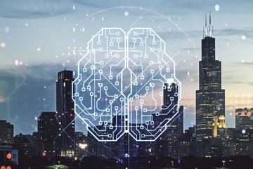 Double exposure of creative artificial Intelligence interface on Chicago city skyscrapers...