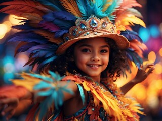 A child dressed up and dancing carnival in Rio de Janeiro Brazil, feather samba costume, Generative AI